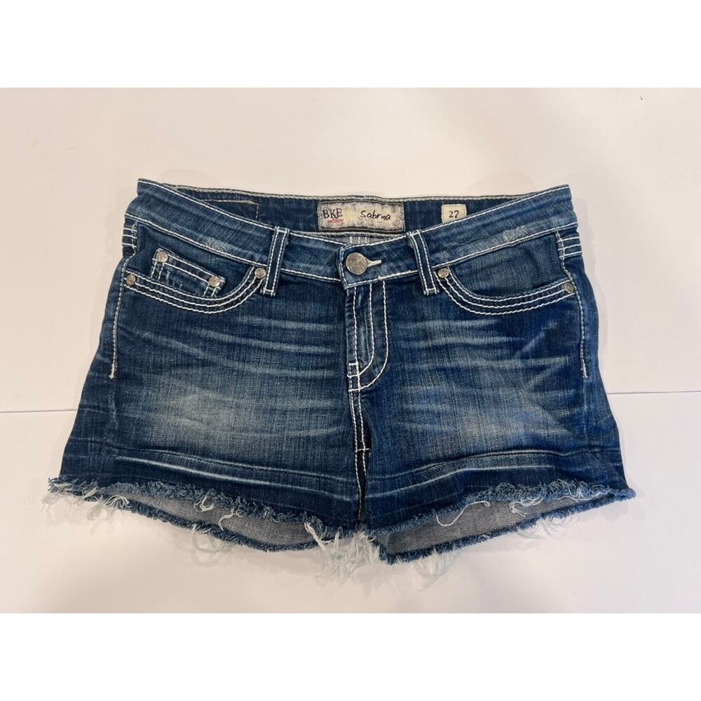 BKE Sabrina Denim Shorts Womens 28 Blue Med Wash Cutoff Thick Stitch Embroidered